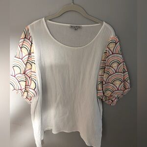 White Muslin Top with Multicolor embroidered sleeves